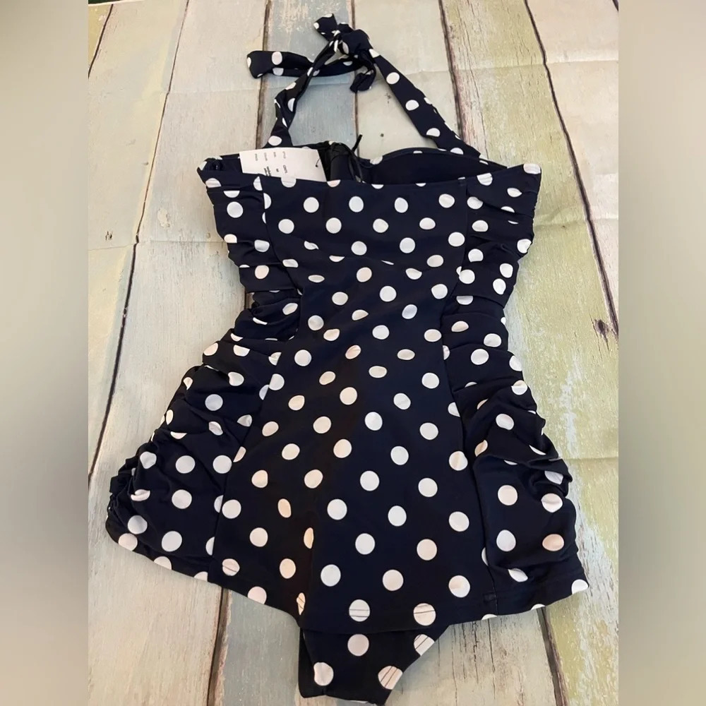 Unique Vintage Navy & White Polka Dot Corinne Halter Sheath Swimsuit,Medium, NWT - Picture 7 of 12
